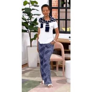 Denim & Co Womens 2X Beach Jersey Pants Wide Leg Blue Bandana Print Pockets NWT